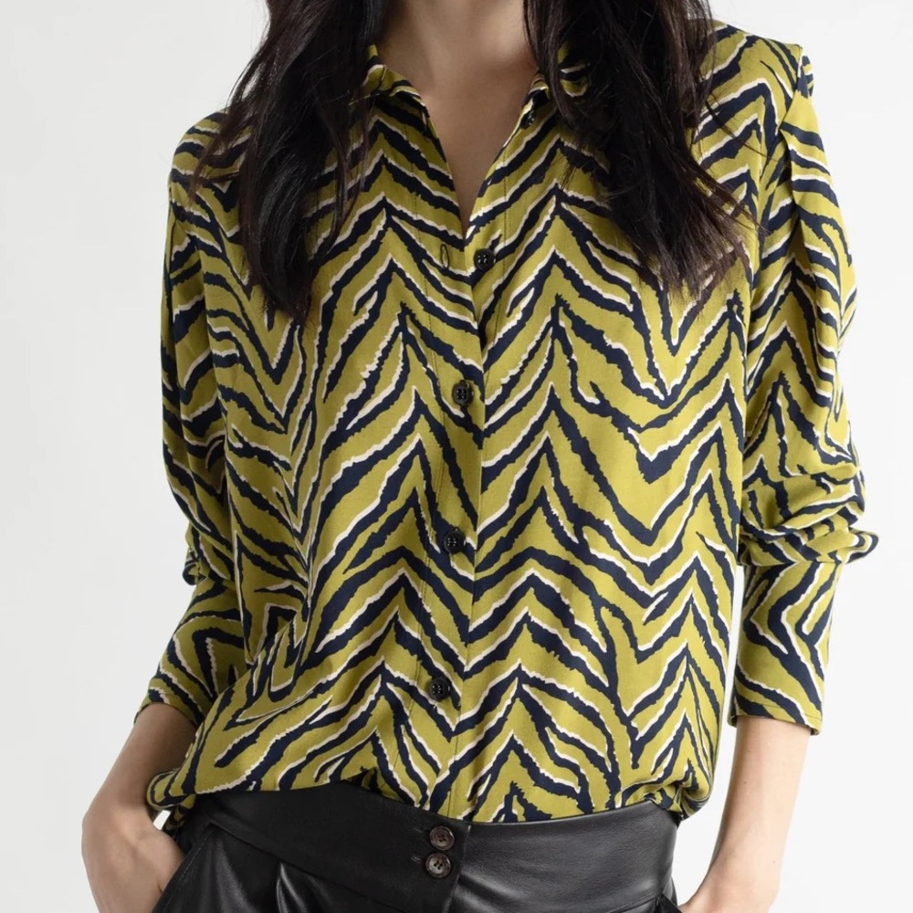 Meg Animal Print Button Down Blouse Green Yellow